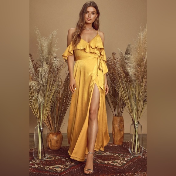 Lulu’s Mustard Yellow Satin Wrap Dress - XXS - Picture 1 of 6